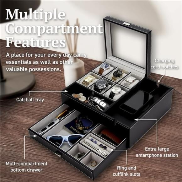 Commander Dresser Valet Watch Box Case & Mens Jewelry Box Organizer - Picture 7 of 7